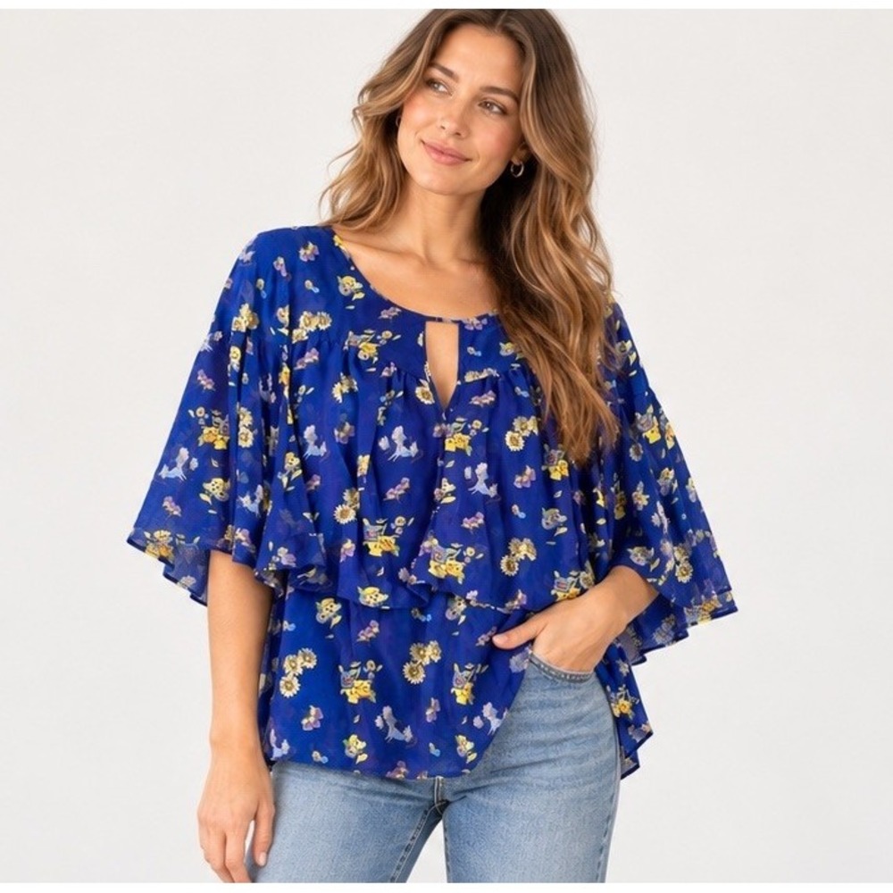 Disney Alice Wonderland 70th Mary Blair Blouse 2XL Blue Floral Ruffle Fairycore